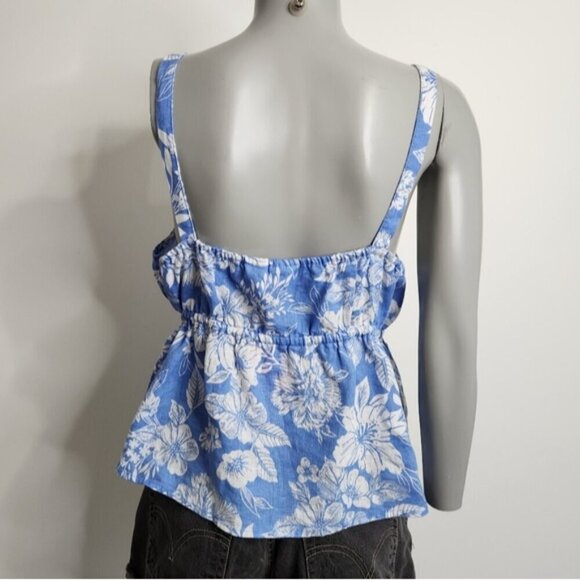 C&C California Flower Print Blue Linen Peplum Waist Tank Top Size XL NWOT - Picture 6 of 12